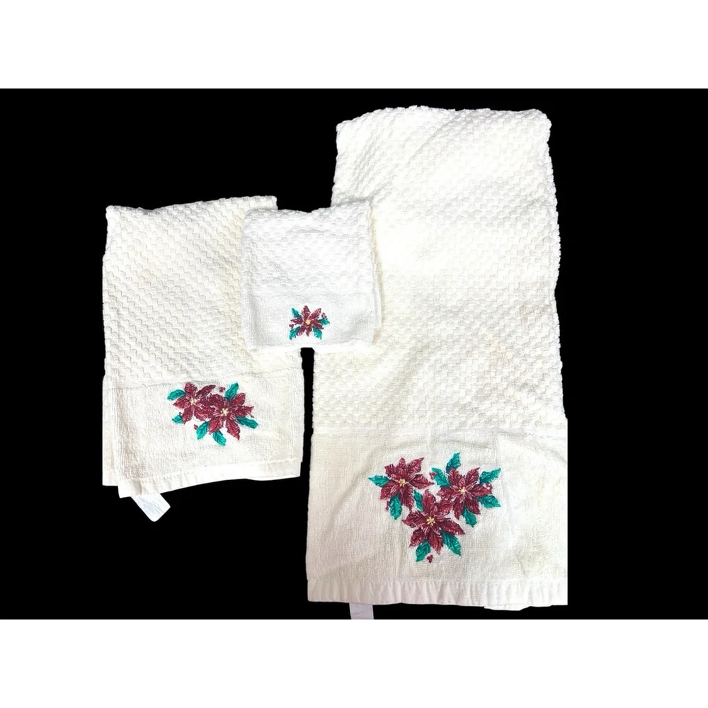 Embroidered Christmas Guest Towels Set 3 Pc Bathroom Cream Poinsettias